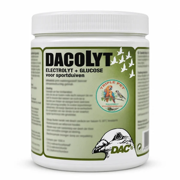 DACOLYT DAC אלקטרוליטים ליונים – צנצנת לבנה עם תווית ירוקה, איור ראש יונה ולוגו טריפל פט
