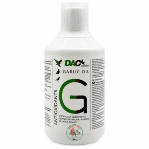 שמן שום לציפורים DAC Garlic Oil – בקבוק 500 מ״ל להכנה במזון לפי מינון שמן שום, אות G ירוקה ולוגו טריפל פט