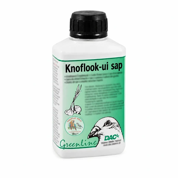 מיץ שום ובצל DAC לציפורים – בקבוק Knoflook-ui sap עם תווית ירוקה ולוגו טריפל פט