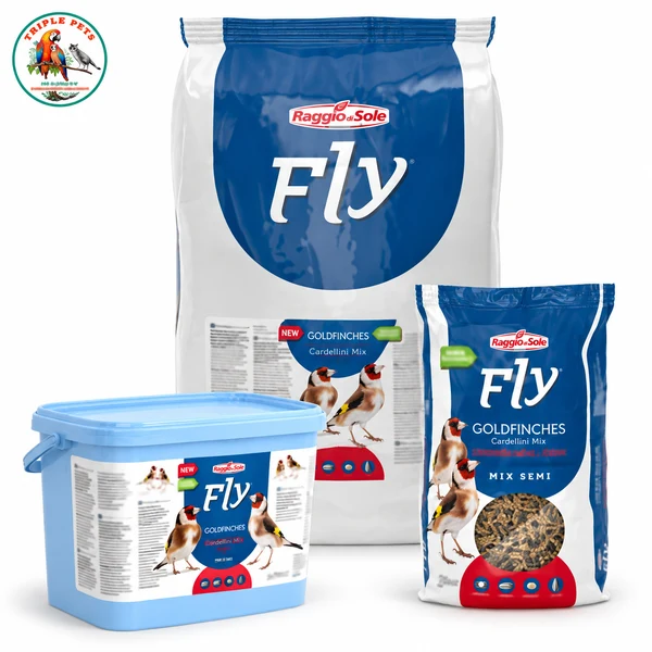זרעי בר לחוחיות פליי FLY Goldfinches Cardellini Mix – שק גדול, דלי ושק קטן עם לוגו טריפל פט