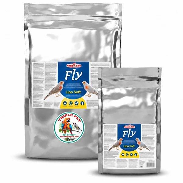 מזון ביצים FLY Lipo Soft – שני שקים כסופים של מזון לבן רך עם לוגו טריפל פט