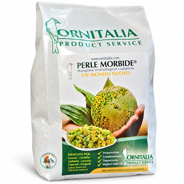 מורבידי אורנטליה Perle Morbide – שק 4 ק״ג; מזון משלים עם 16% חלבון לפי היצרן; השריית גרגרים לפני הגשה