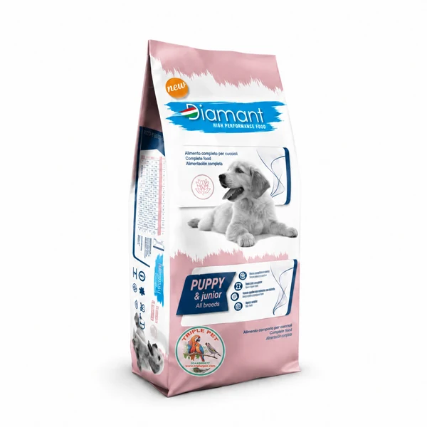 דיאמנט עוף והודו לגורים – אריזת Puppy Junior ורודה עם לוגו טריפל פט