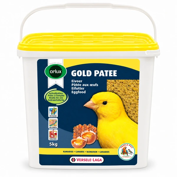 מזון ביצים רטוב אורלוקס Gold Patee Canaries עם דבש טבעי – מזון מוכן להגשה לתקופות רבייה ונשירה, דלי 5 ק״ג