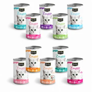 שימורי קיט קט 150 גרם – עשר פחיות Kit Cat Complete Cuisine עם תוויות צבעוניות ולוגו טריפל פט