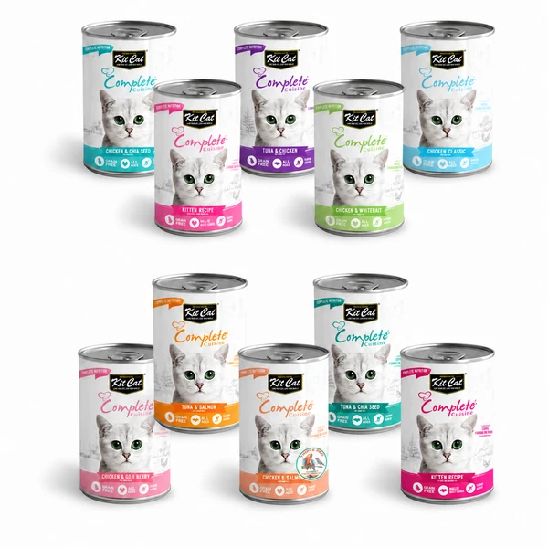 שימורי קיט קט 150 גרם – עשר פחיות Kit Cat Complete Cuisine עם תוויות צבעוניות ולוגו טריפל פט