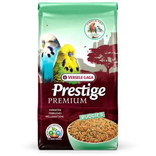 פרסטיז פרימיום לתוכונים – שק Prestige Premium Budgies בירוק ובורדו עם הלוגו המקורי של טריפל פט