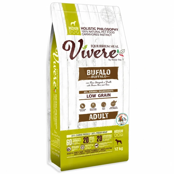 מזון לכלב ויורה באפלו Vivere Buffalo – מזון דל דגנים עם אורז מלא לכלבים מגזע בינוני, שק 12 ק״ג