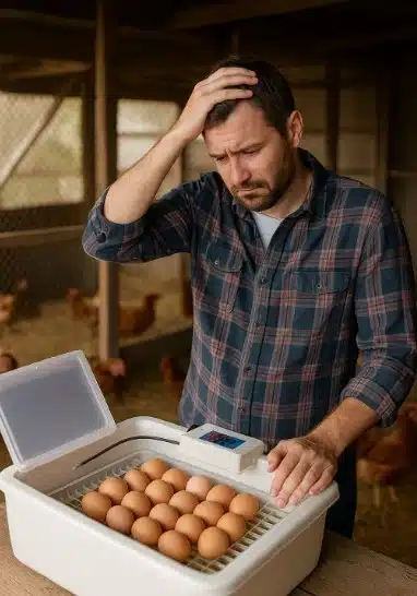 מגדל עופות בלול סגור מחזיק את הראש לאחר דגירה שנכשלה במדגרה