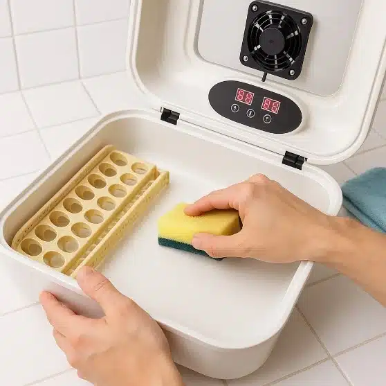 ניקוי מגש מדגרה עם ספוג ומים חמים להסרת לכלוך ושומן