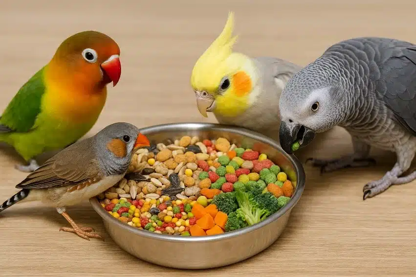 ציפורים מסוגים שונים אוכלות יחד מתערובת מזון עשירה בקערה אחת