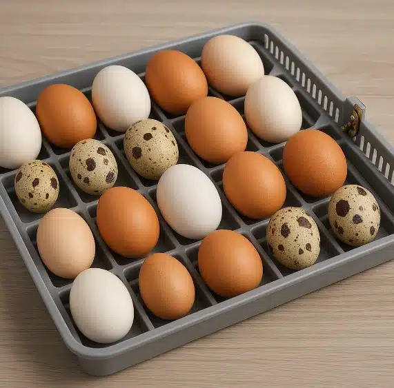 מגש מדגרה עם ביצי תרנגולת, שליו, יונה ועופות נוספים לפני דגירה