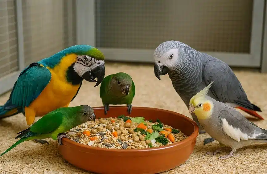 תוכים גדולים, בינוניים וקטנים אוכלים מקערת מזון עם זרעים, כופתיות וירקות בבית גידול נקי