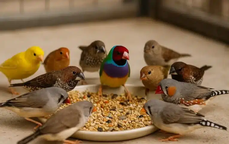 עשרה פינקים מעשר תת־זנים שונים אוכלים מצלחת מזון בווליר נקי ומסודר