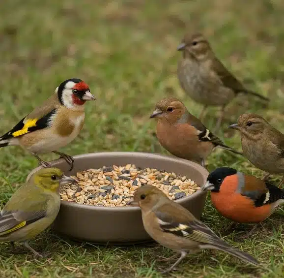 שבע ציפורי בר – חוחית, פרוש, ירקון ובולבולין – אוכלות מתערובת זרעים בקערה בגינה טבעית