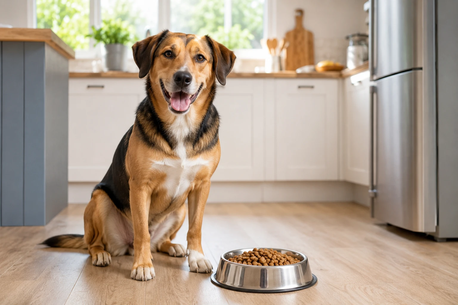 כלב בריא יושב ליד קערת מזון יבש איכותי במטבח מואר