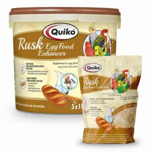 Quiko Rusk לציפורים – תוסף להרטבת מזון ביצים באריזות 1 ו־5 ק״ג