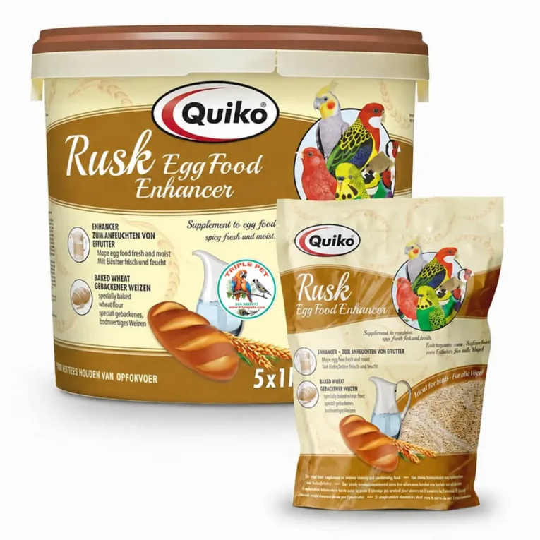 Quiko Rusk לציפורים – תוסף להרטבת מזון ביצים באריזות 1 ו־5 ק״ג