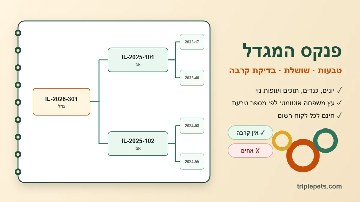איור של פנקס מגדל ציפורים: עץ שושלת של גוזל עם מספרי הטבעות של האב, האם והסבים, לצד טבעות צבעוניות ותוצאות בדיקת קרבה