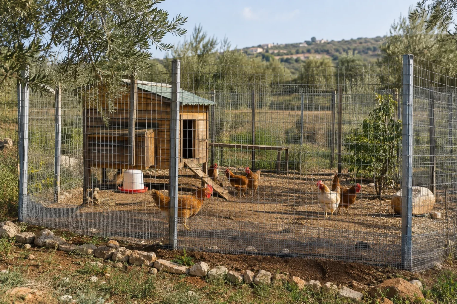 לול תרנגולות מוגן בגדר רשת מתכת גבוהה למניעת חדירת טורפים
