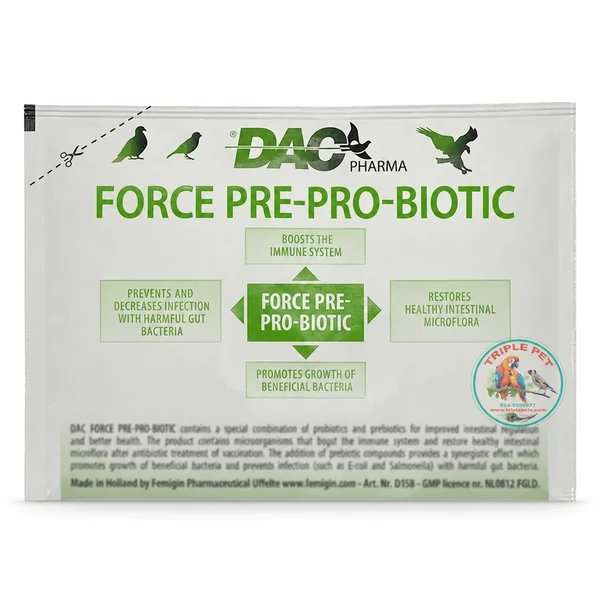 פרוביוטיקה ופרה ביוטיקה DAC Force Pre-Pro-Biotic – שקית פרוביוטיקה 10 גרם לתחזוקת פלורת המעיים, הוראות מינון פרוביוטיקה ולוגו טריפל פט