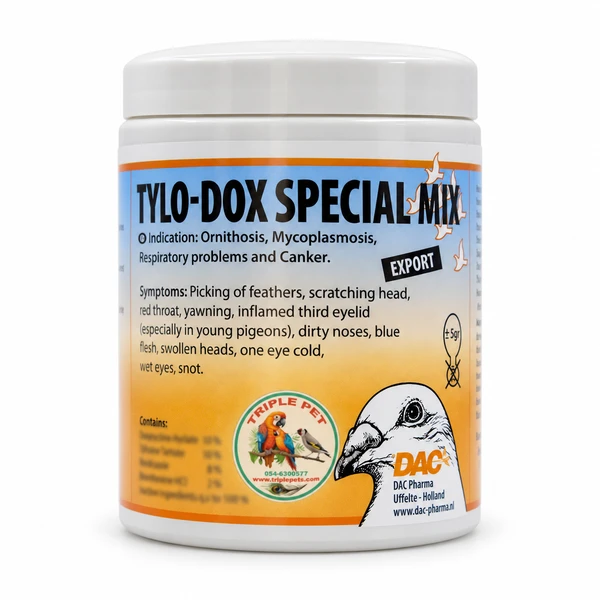 תערובת למערכת הנשימה DAC Tylo-Dox Special Mix – טילו דוקס 100 גרם; דוקסיציקלין וטילוסין לצד רכיבים נוספים, מידע על מינון טילו דוקס בעמוד