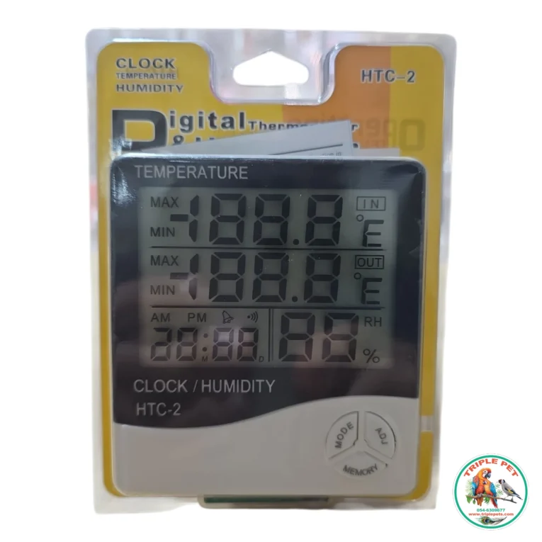 מד חום ולחות דיגיטלי HTC-2 באריזה, עם מסך טמפרטורה, לחות ושעון